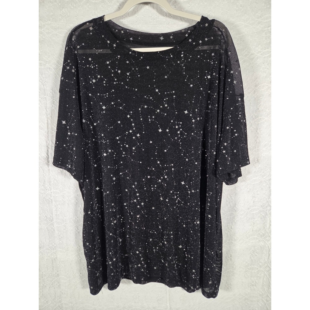 Black Sheer Mesh Star Print‎ Oversized T-Shirt XX-Large Celestial Zodiac Space